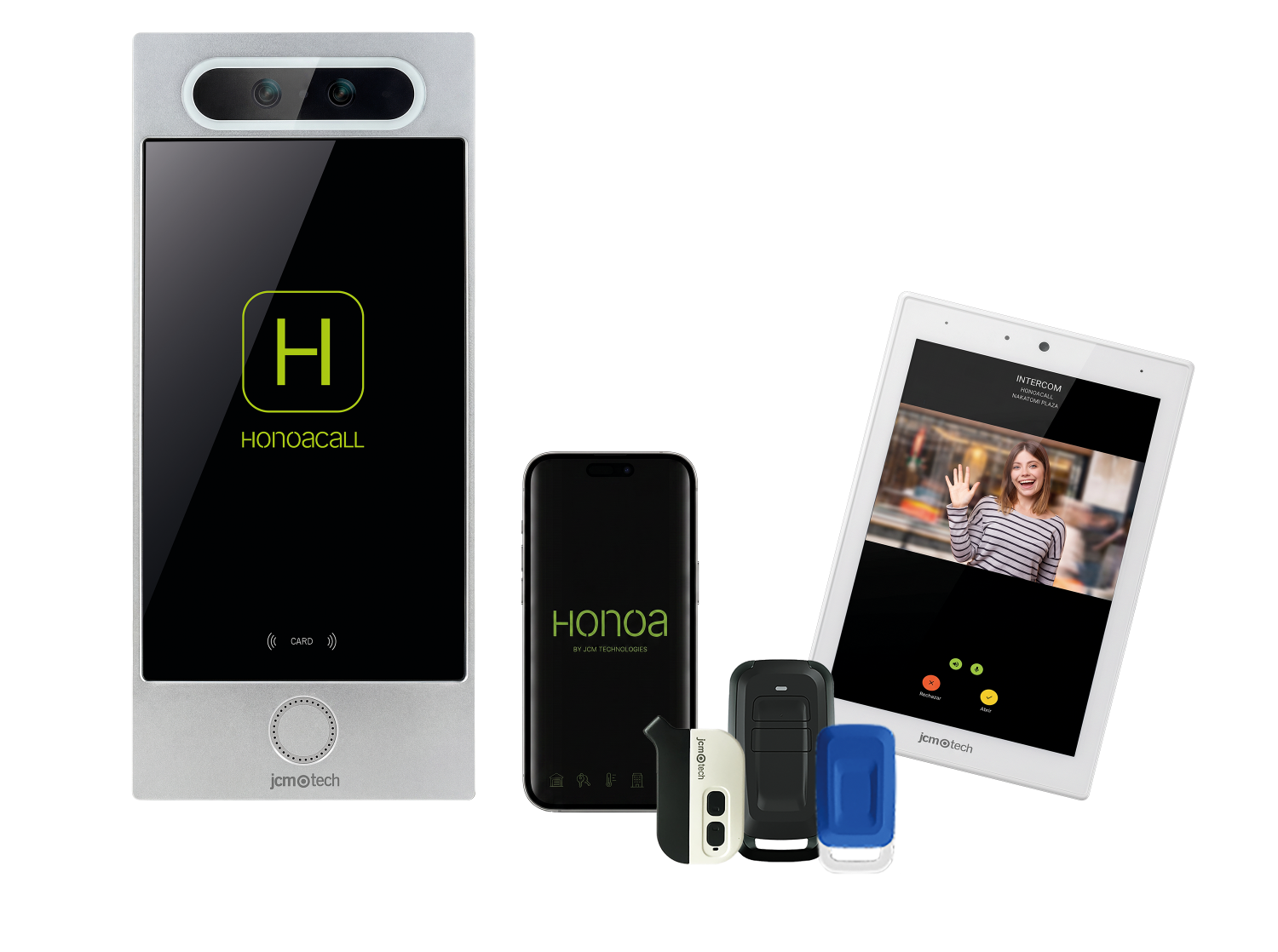 Familia de producto HONOACALL: videoportero exterior, app Honoa, mandos y monitor interior