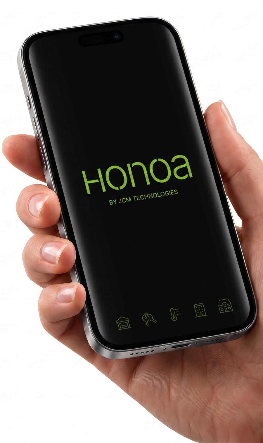 Mano sosteniendo un móvil con la app Honoa de JCM Technologies